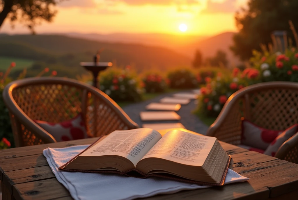 "Create a realistic and inspiring scene that highlights a Bible in a sunset prayer setting. Imagine an outdoor space, such as a terrace or garden, where the setting sun projects a warm golden light. Place the open Bible on a rustic wooden table, covered with a delicate white towel. The Bible should be centrally positioned, with a clear view of the pages, perhaps showing a verse of hope or comfort.

Around the table, include wicker chairs or wooden benches, with soft cushions for comfort. Add a path of stones or gravel that leads to the table, surrounded by flowers and plants that are beginning to reflect the soft light of dusk. In a corner, place a small fountain or a large candle on a candlestick, creating an environment of tranquility with the soft sound of water or the light of flames.

In the background, add a garden landscape or panoramic view, such as a gentle hill or a flowery field, illuminated by the warm tone of the sunset. Include a human element, such as a person in a prayer or meditation position, with a serene look, creating a soft contrast with the surrounding nature. Use a palette of warm, natural colors - orange, gold, green and brown - to evoke a sense of calm and spiritual connection."