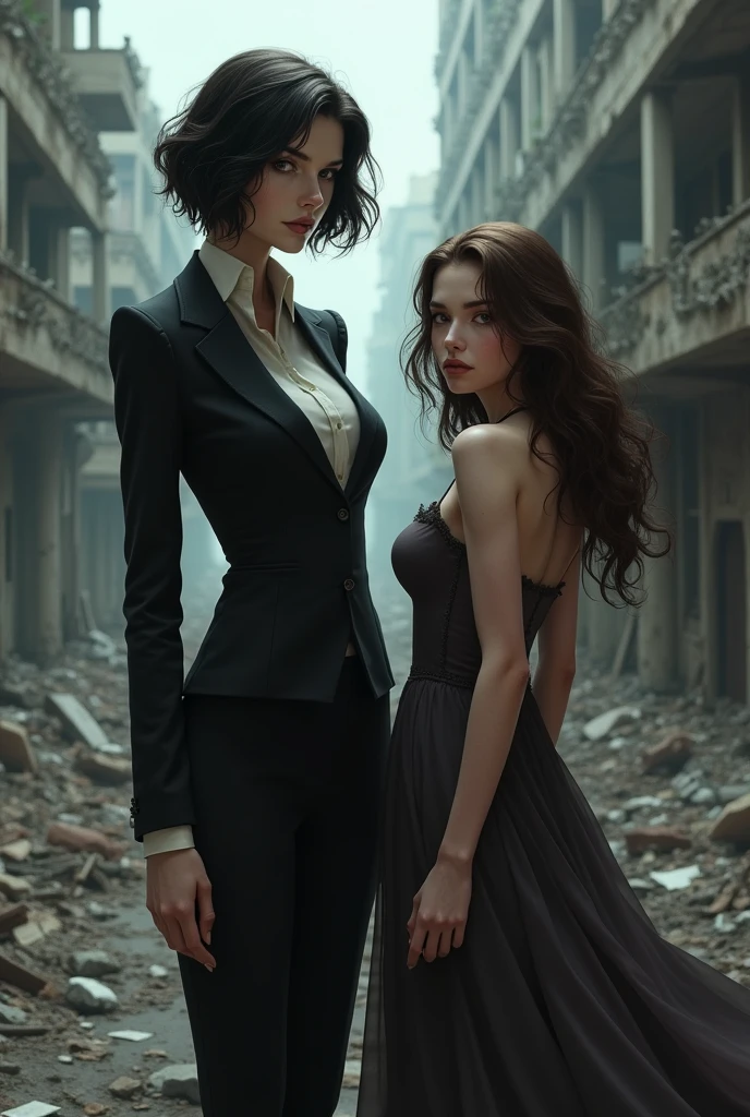Two 1 vampire girls, The tallest one with short, medium wavy black hair and wearing a woman's suit, the other with long brown hair and wearing a dress, in a city in ruins