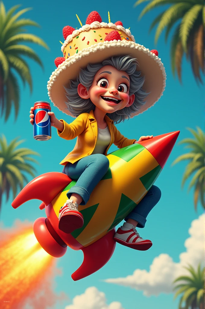 Grandma on top of a Jamaican rocket with a cake hat drinking pepsi