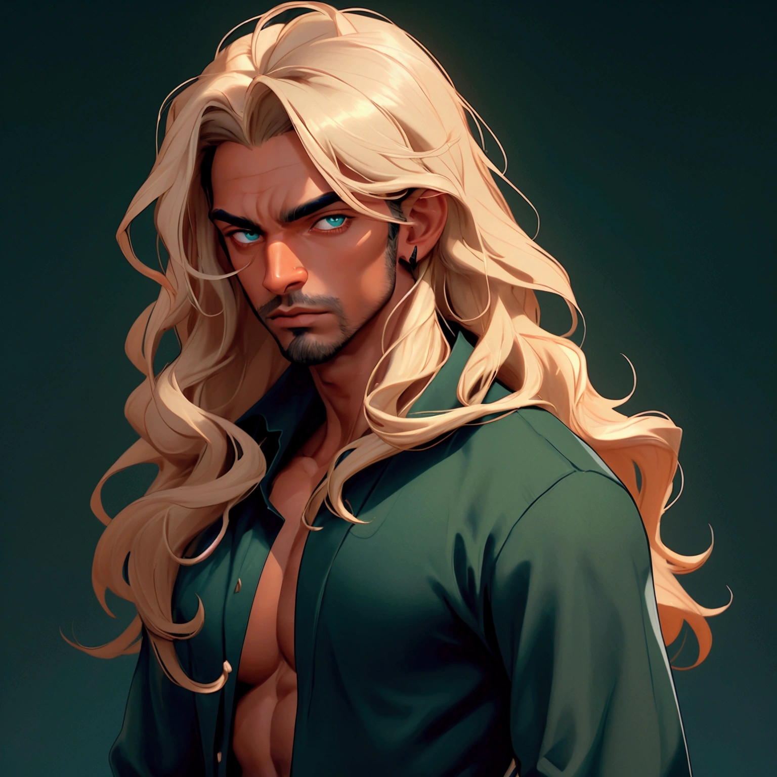 envision a 8k, highres, cinematic close up portrait of an man named Shaddiq Zenelli with a strong face, dark tan skin, sleek body, no facial hair with long wavy blonde hair, and dark green eyes wearing a open blue shirt showing his chest and baggy sweatpants against a dark gray background