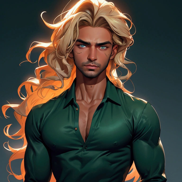 envision a 8k, highres, cinematic close up portrait of an man named Shaddiq Zenelli with a strong face, dark tan skin, sleek body, no facial hair with long wavy blonde hair, and dark green eyes wearing a open blue shirt showing his chest and baggy sweatpants against a dark gray background