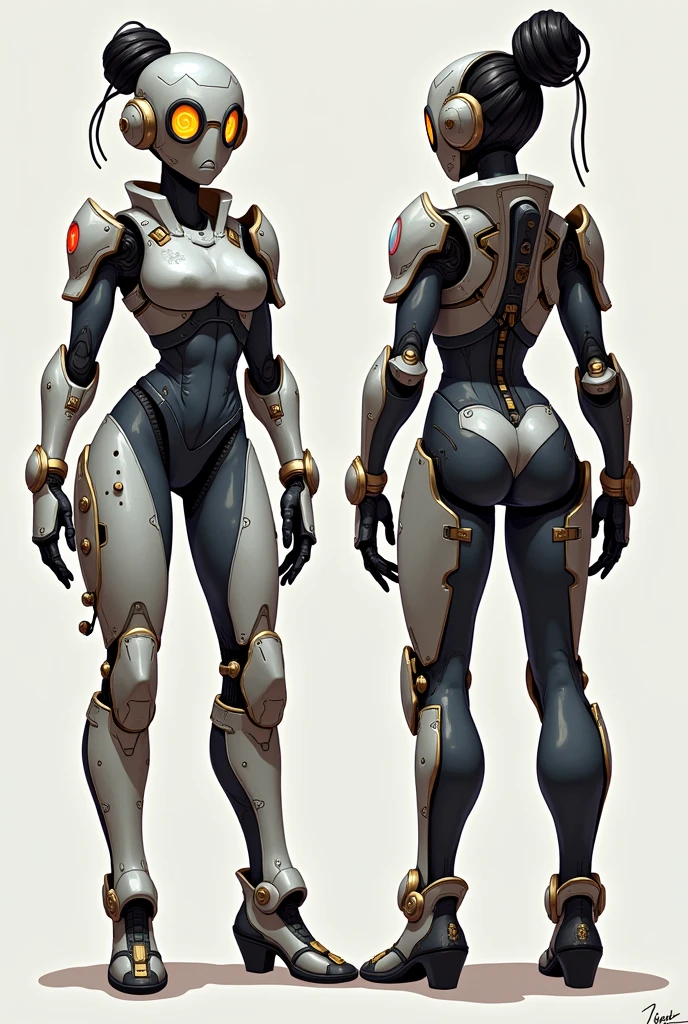 stylized style, Overwatch style female character concept, full body back and front view, robot detailed face with round eyes, rogue theme, body covered with armor