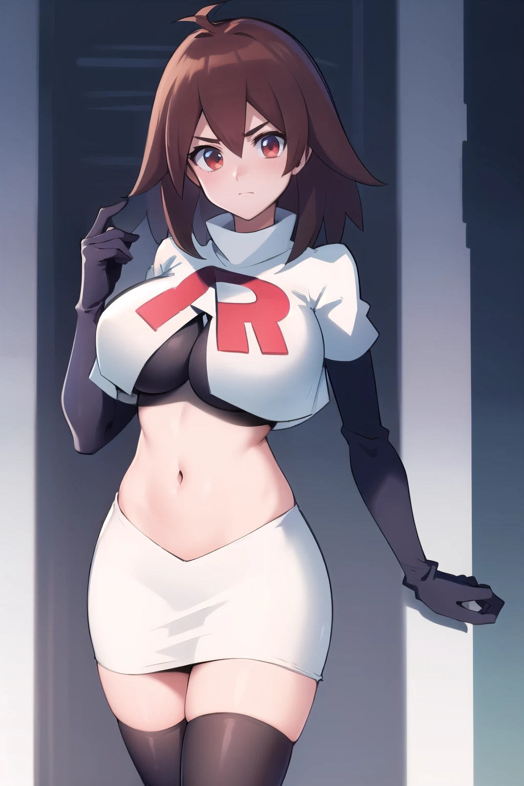 masterpiece, best quality,   makurada junko, looking at viewer, large breasts, cowboy shot, team rocket,team rocket uniform,white skirt,red letter R,crop top,black thigh-highs,black elbow gloves