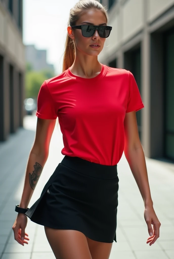 a cherry-colored t-shirt with a black sports skirt