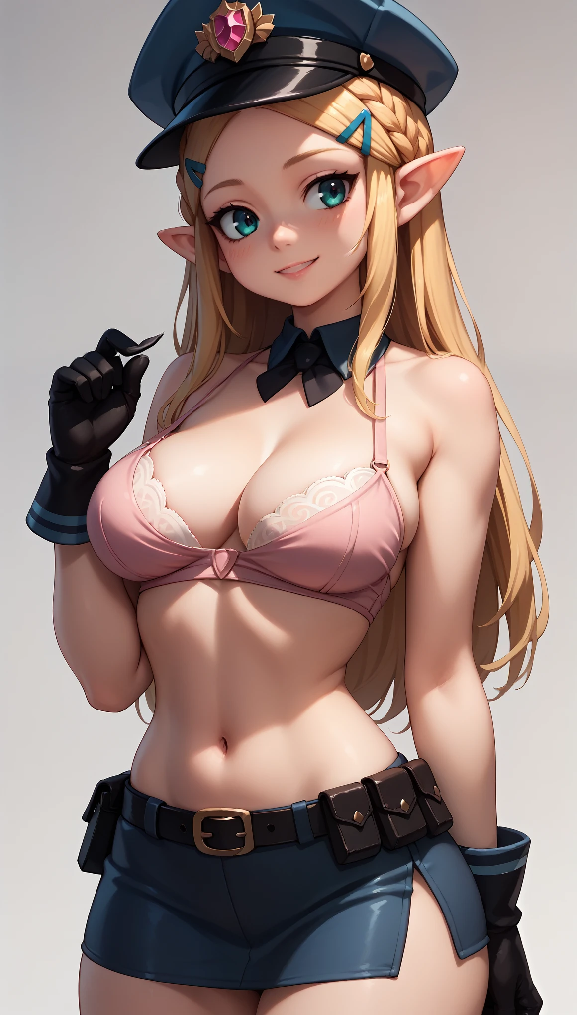 High resolution, Very detailed, perfect lighting, beautiful detailed eyes, ((masterpiece,Best Quality)), absurdities, alone, princess zelda, by the width, crown braid, Hair clip, pointy ears, Gloves without fingers, black gloves, smile, curves, nod, , deep neckline, deep neckline, Pink sexy police costume, touching her breasts in a sexy way, close up, Looking to the future, tight short skirt, shirtless, Pink crop bra, police hat, Look into the future, close up, SIMPLE GREY BACKGROUND