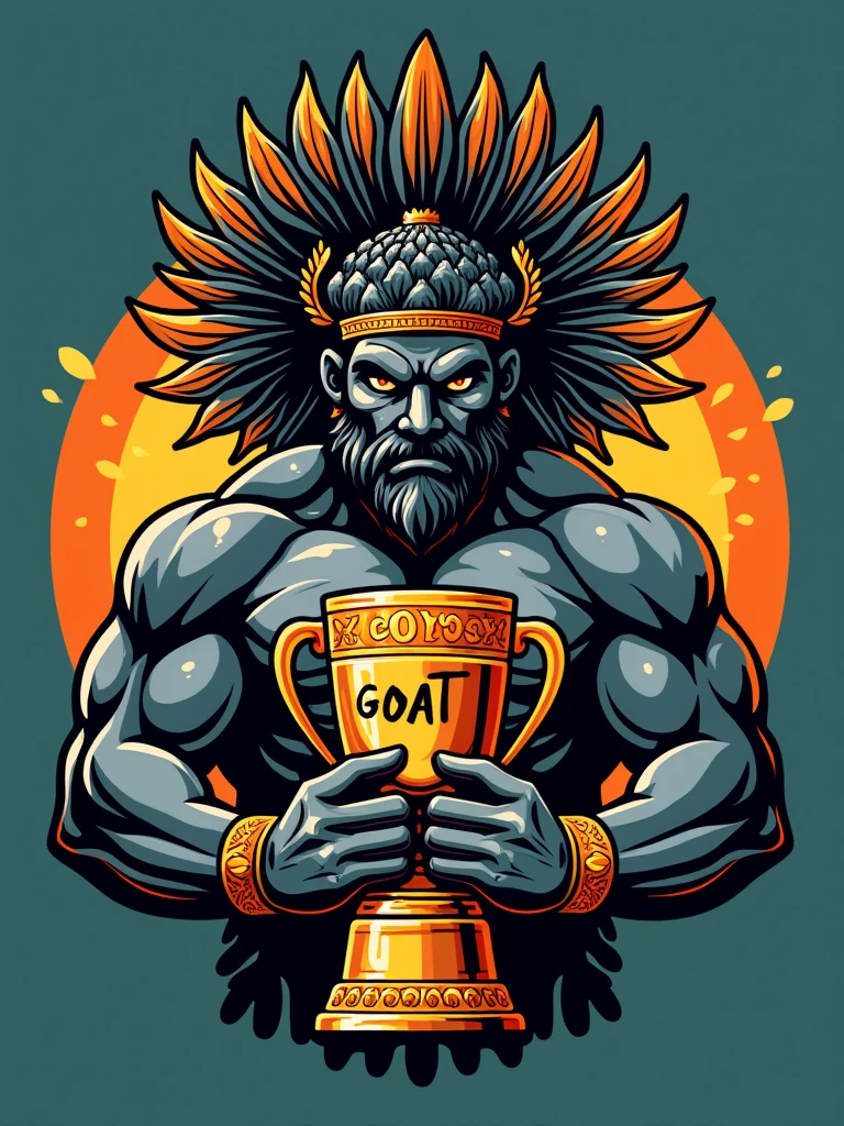 Create a sports logo with the name ALDEIA featuring a mascot Tupã, the Indigenous God, with a coca on his head holding a trophy with the word 'goat' inscribed inside the trophy.