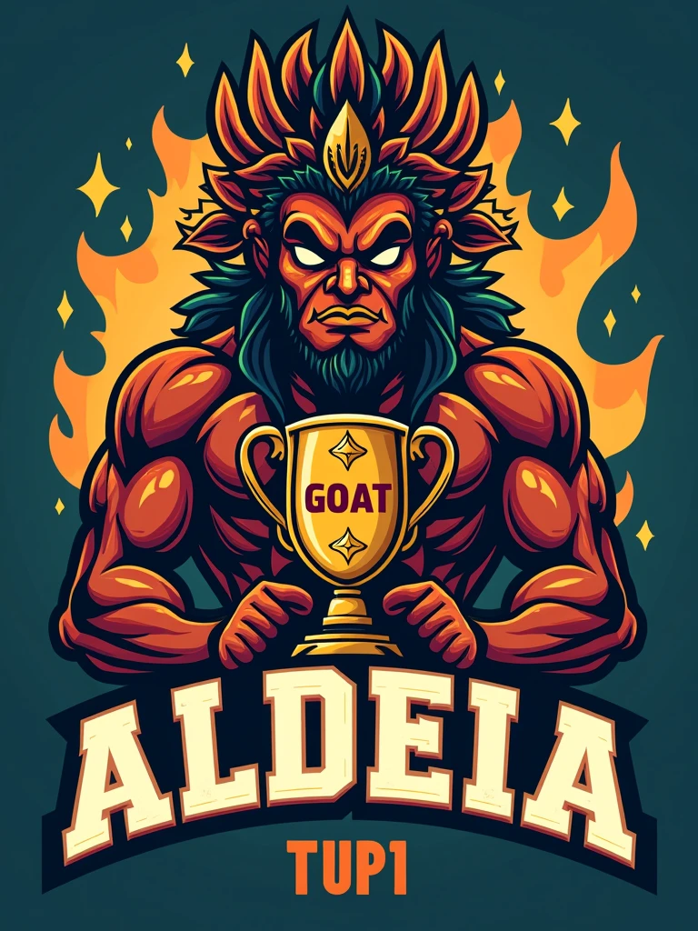 Create a sports logo with the name ALDEIA featuring a mascot Tupã, the Indigenous God, with a coca on his head holding a trophy with the word 'goat' inscribed inside the trophy.