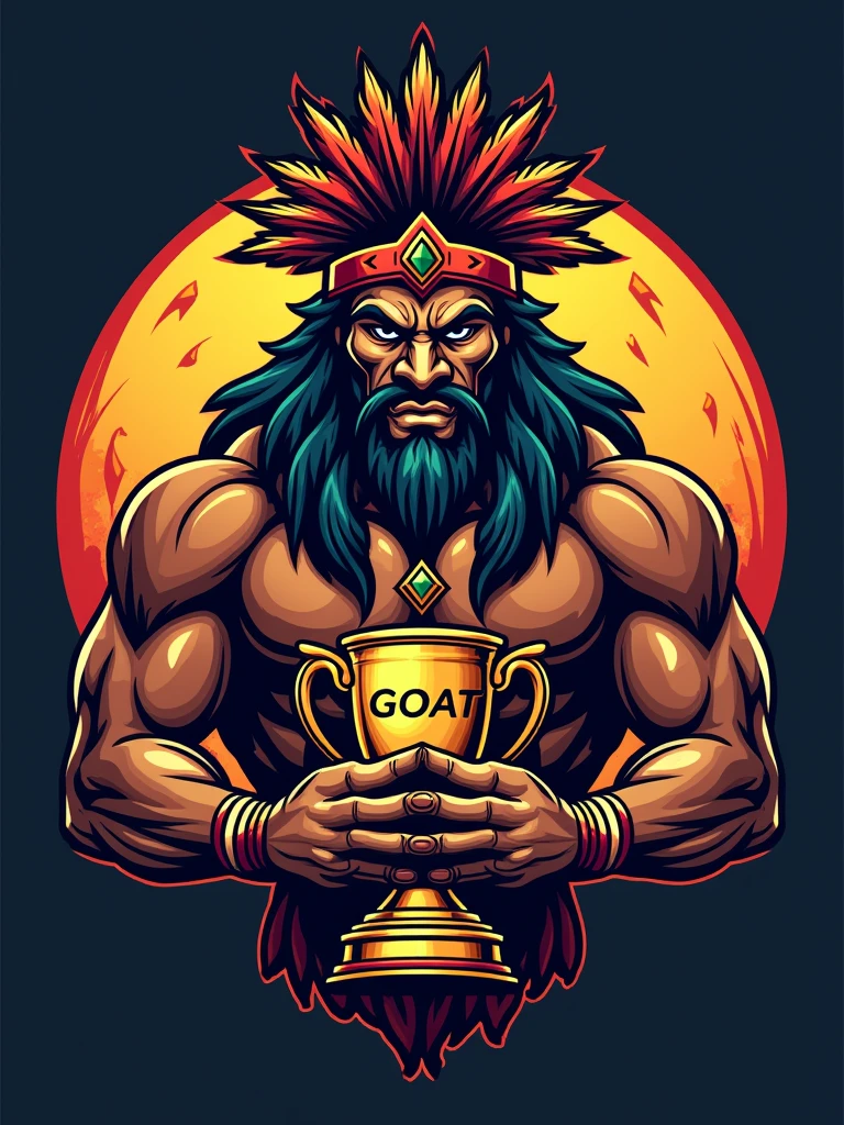 Create a sports logo with the name ALDEIA featuring a mascot Tupã, the Indigenous God, with a coca on his head holding a trophy with the word 'goat' inscribed inside the trophy.