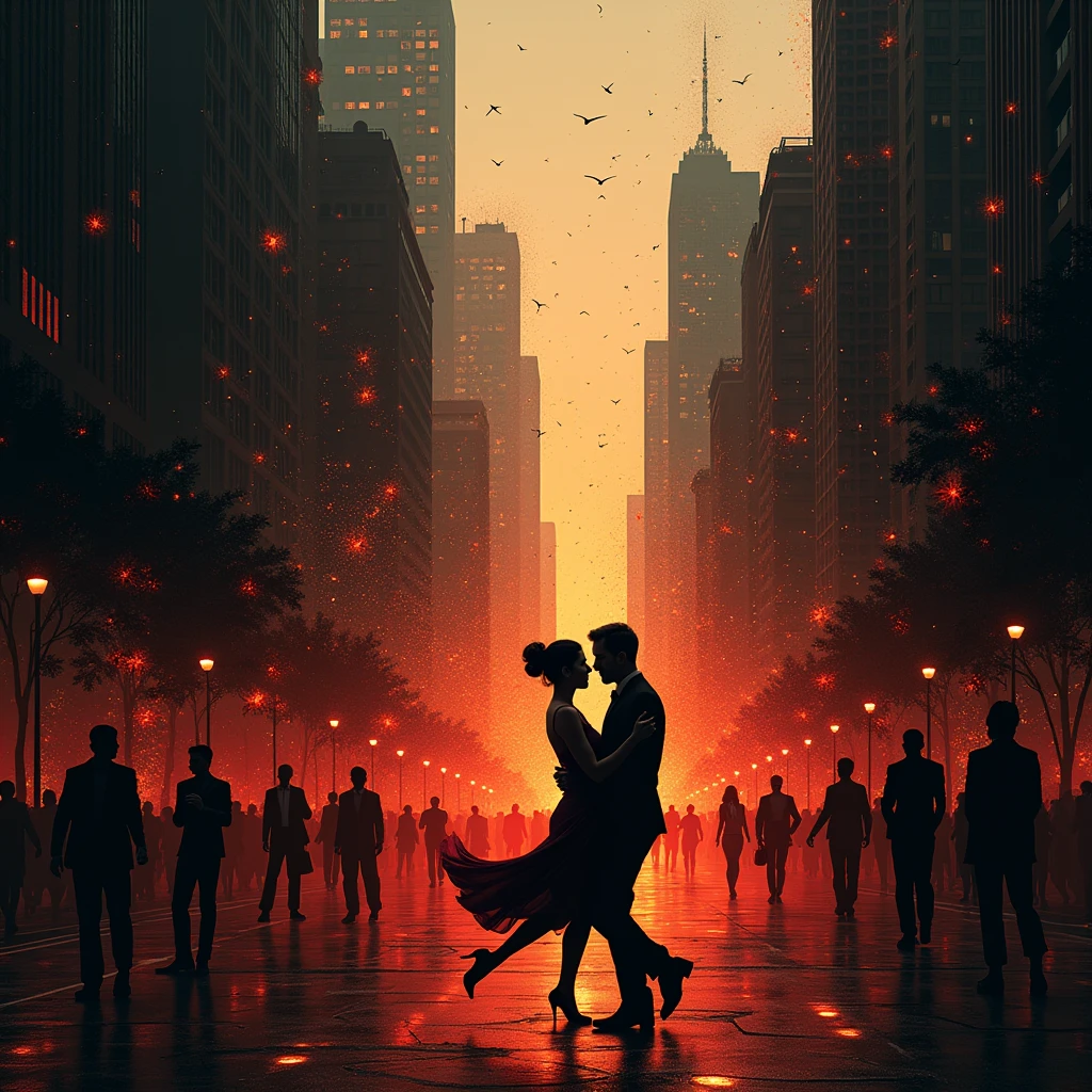 In 'O Som Do Tango,' a cityscape at dusk pulsates with rhythmic energy, as if streets themselves hummed the sultry melody. Shadowy silhouettes of dancers coalesce from buildings, their movements fluid and ethereal, harmonizing with electronic ripples that undulate through the air. A dark canvas is illuminated by fiery bursts of red and gold, evoking the passion and intensity of tango. The modern font of 'O Som Do Tango' slices across the scene, as if written in neon lights. Abstract.