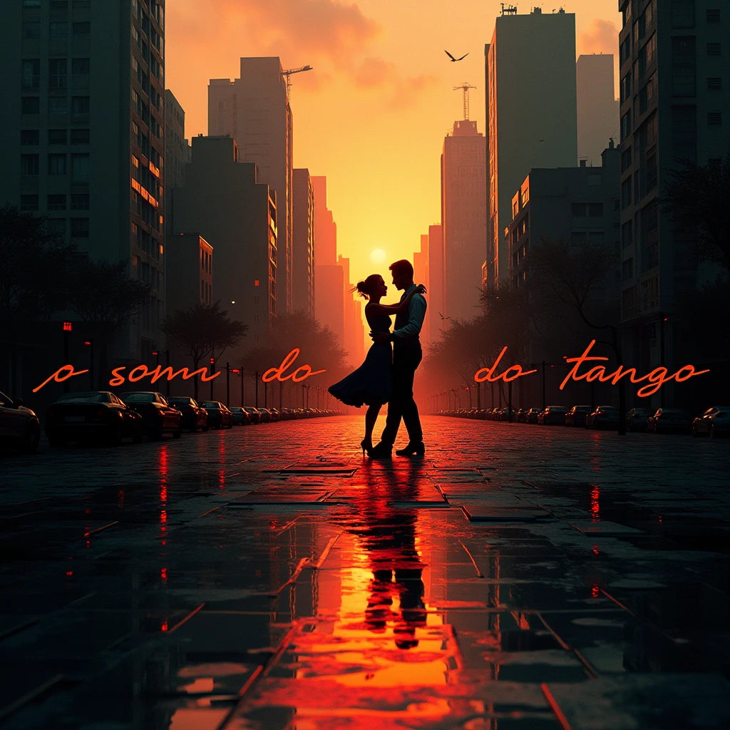 In 'O Som Do Tango,' a cityscape at dusk pulsates with rhythmic energy, as if streets themselves hummed the sultry melody. Shadowy silhouettes of dancers coalesce from buildings, their movements fluid and ethereal, harmonizing with electronic ripples that undulate through the air. A dark canvas is illuminated by fiery bursts of red and gold, evoking the passion and intensity of tango. The modern font of 'O Som Do Tango' slices across the scene, as if written in neon lights. Abstract.