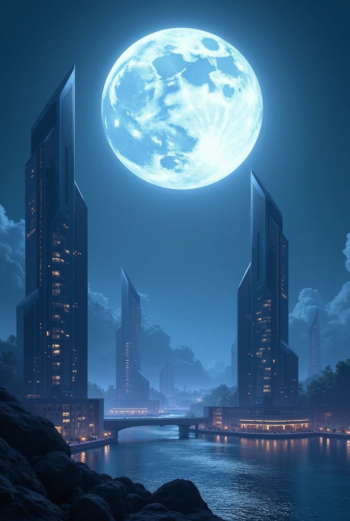 (photorealism:1.2), modern planet, night, super gigantic moon, blue sky, talk buildings