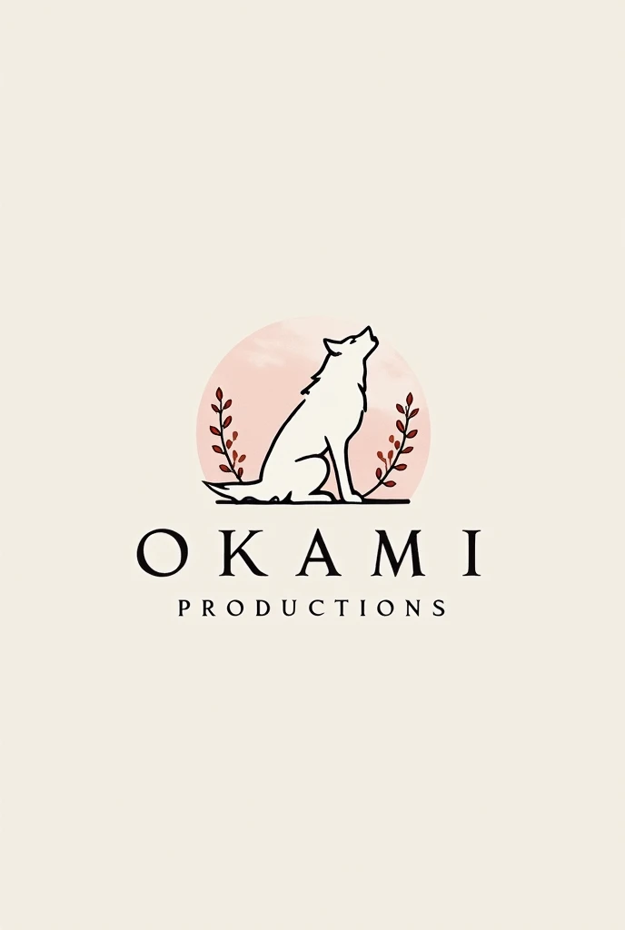 Logo for photography business named Okami Productions. Include a minimalistic wolf, business name, and sakura flowers in the logo.