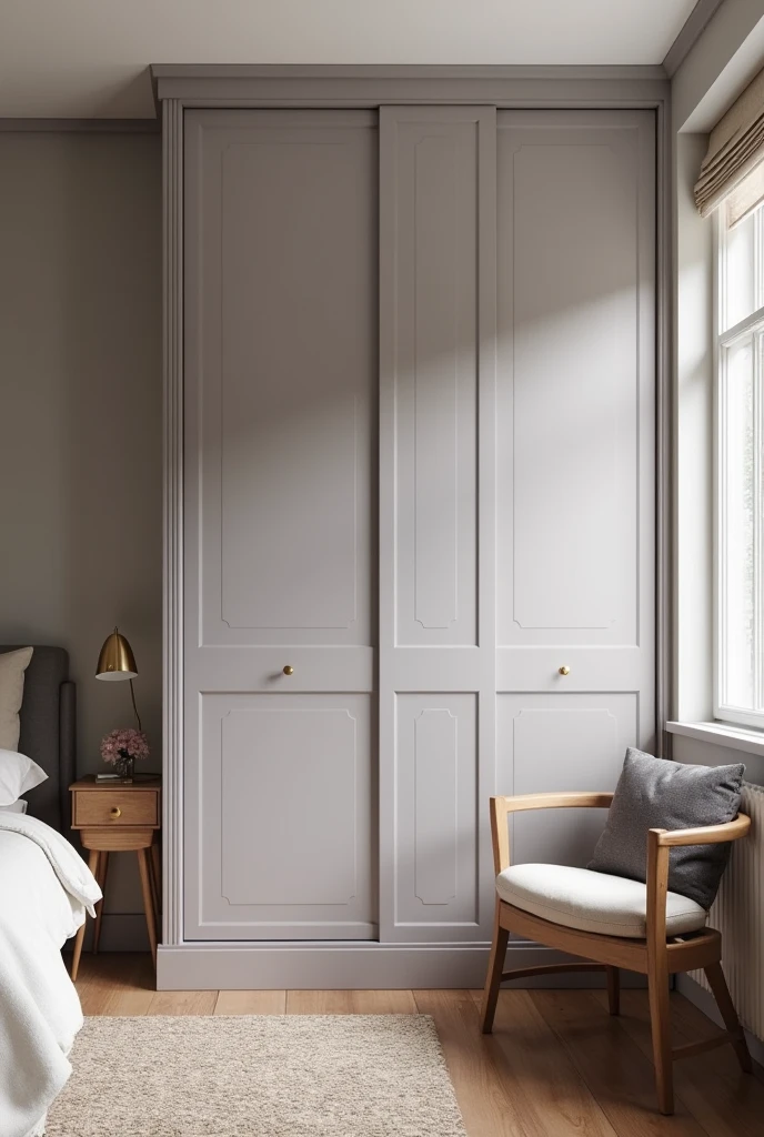 The room described has a cozy and sophisticated aesthetic., combining neutral shades of gray with Provençal-style wooden elements, which provides an environment that is both modern and classic.
In the background there is a closet closed with frosted glass in lavender tones to the left of the bed and at the back of the room., not only maximizes storage space, but also adds a soft, sophisticated touch of color, maintaining the continuity of the neutral and elegant design. The frosted glass sliding closet door offers practicality and elegance to the space.