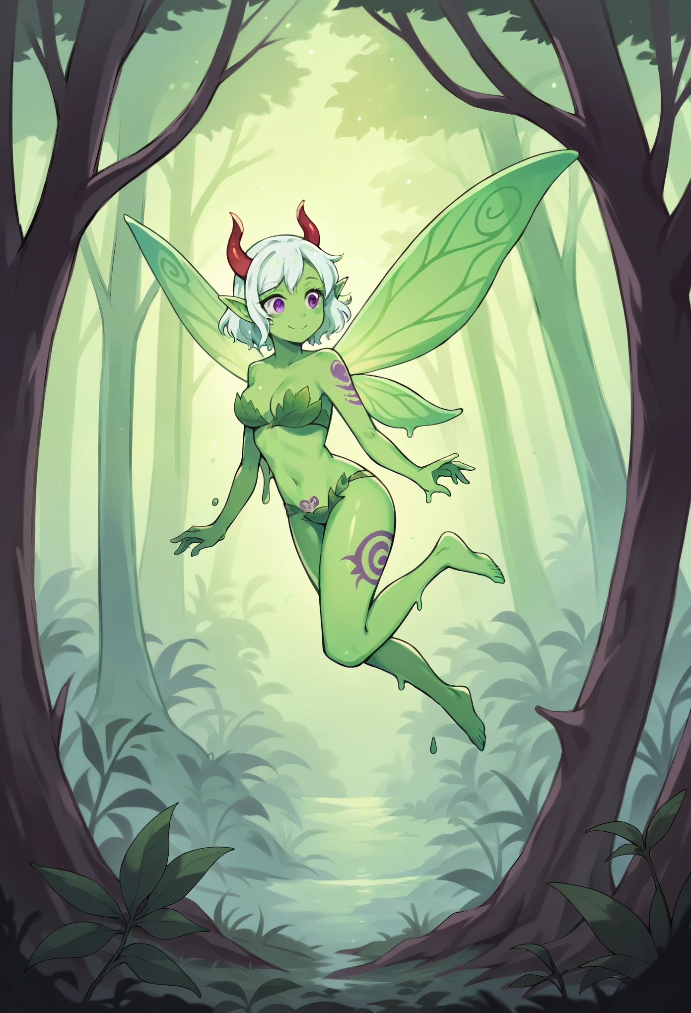 fairy, slime, slime creature, slime girl, nature, forest, green skin, White hair, violet eyes, glowing, translucent, Short hair, wavy hair, leaf clothing, leaf bra, leaf underwear, Elf ears, slime wings, insect wings, Dark Red Wings, dark red horns, Long horns, medium breasts, smiling, friendly expression, Gentle eyes, floating, hovering, curvaceous, purple vine tattoos, body tattoos, full body tattoos, purple markings, vine markings, pink celestial tattoos hands by sides, legs together, forest background, tree silhouette, shadowy forest, purple pendant, green monochrome, shades of green