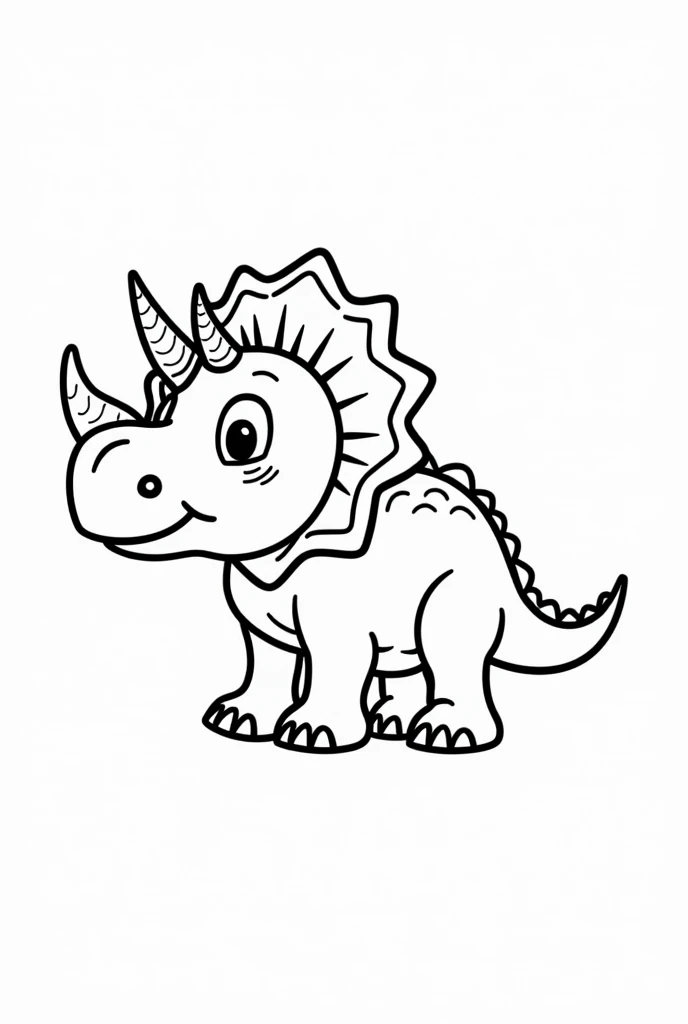 "Generate an outline-only image of a Triceratops designed for a to color. The image should feature just the simple, bold contours of the T-Rex's shape, with no interior details or shading. The lines should be thick and clear, making it easy for a young child to fill in with colored pencils. The T-Rex should be depicted in a friendly and approachable stance, with rounded edges to ensure a child-friendly design."