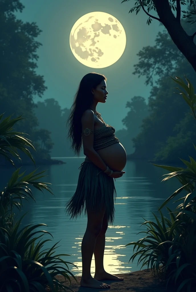 pregnant Amazonian indigenous woman on the riverbank on a full moon night