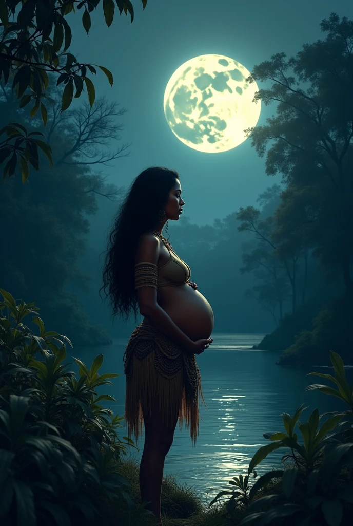 pregnant Amazonian indigenous woman on the riverbank on a full moon night