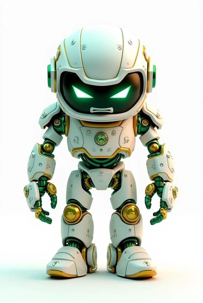 Animated angry frowning white green and gold colored astronaut robot. 
White background 