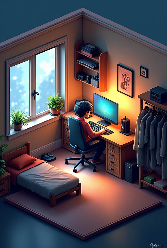 Room 3x3 window on the left and door behind gamer meters a bed a closet a table and a gamer chair