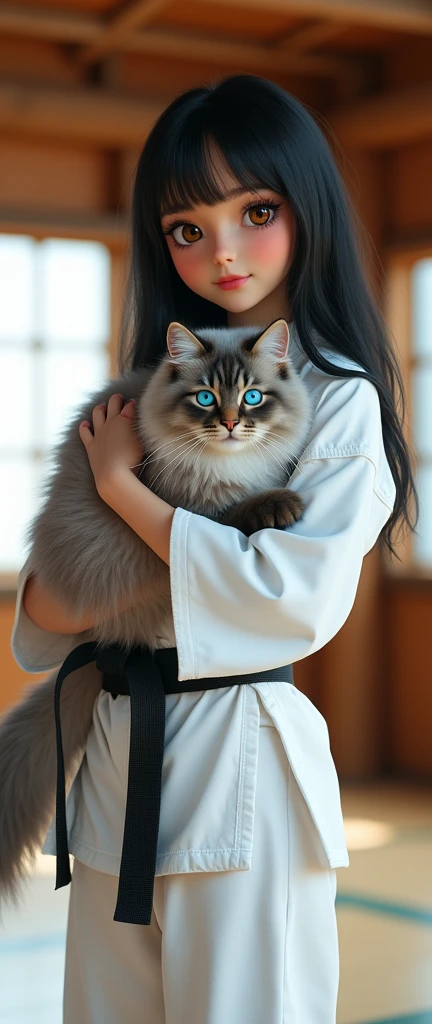 ((photogenic, photographic)), hold cat, (American shot hair cat, blue eye, long hair, :1.3), Front view , Full- body, beautiful American Indian girl, 1, (black hair, permanent hair , brown eyes, Beautiful Lips, smile), (C cup Breasts, Wide Hips) ,((Karate White clothes, Karate White underwear, Black obi:1.3)), At the Karate Dojo, Standing on tatami mat, Textured skin ((Surrealism, Fujicolor, Fujifilm, UHD, retina, masterpiece, accurate, anatomically correct, textured skin, super detail, high details, high quality, best quality, 8k))