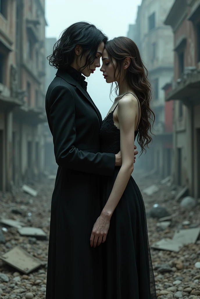 Two 1 vampire girls, The tallest one with short, medium wavy black hair and wearing a woman&#39;s suit, the other with long brown hair and wearing a dress, in a city in ruins embraced