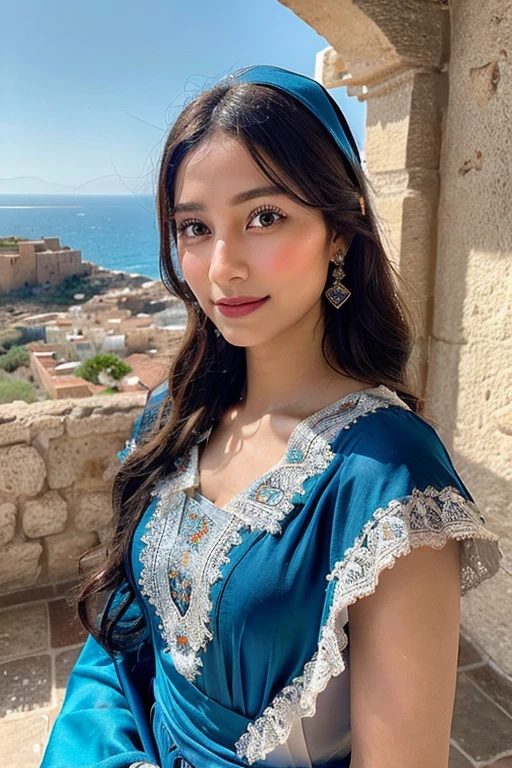 "A single Rifian Amazigh woman with fair skin, depicted in full body, standing gracefully in a traditional setting. She wears a flowing dress in deep blue, adorned with intricate Amazigh patterns and traditional jewelry, reflecting the rich cultural heritage of the Rif region. Her expression is warm and inviting, capturing a deep sense of pride and connection to her culture. Her attire incorporates Mediterranean influences, such as delicate lace and subtle embroidery that evoke the sea's waves. In the background, the cityscape of Al Hoceima is visible, with charming white coastal buildings and the sparkling blue waters of the Mediterranean Sea. The surrounding mountains add to the stunning scenery, emphasizing the natural beauty of this coastal region. The scene captures the essence of Rifian culture, blending tradition, elegance, and the Mediterranean charm of the Moroccan coast.