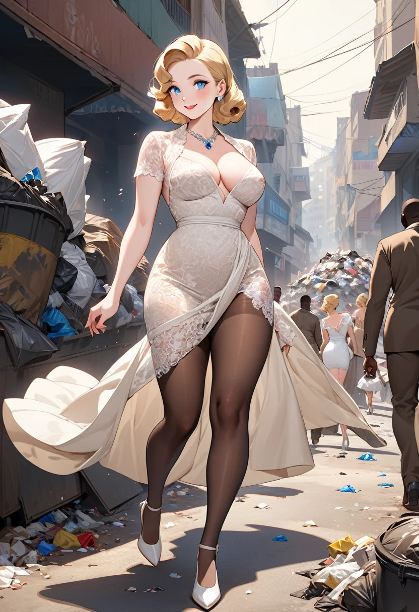 Nsfw,masterpiece,full body, small size head, Stunning elegant Blonde lady, 1940s hairstyle,pale skin, blue eyes, stunning, smile face, Brown pantyhose, she wear lace white dress, white stilettos , jewels,thick calves, super thick legs , super big ass. She is walking through a Lot of garbage and african men.