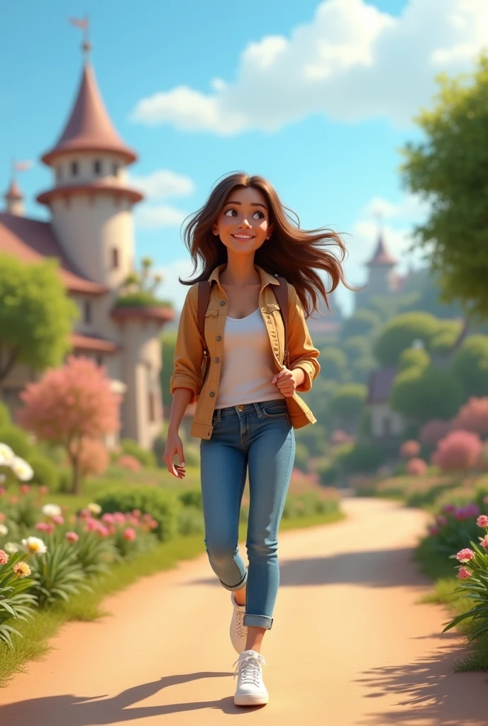 White woman brown hair, jins and white sneakers full body in a pixar style park