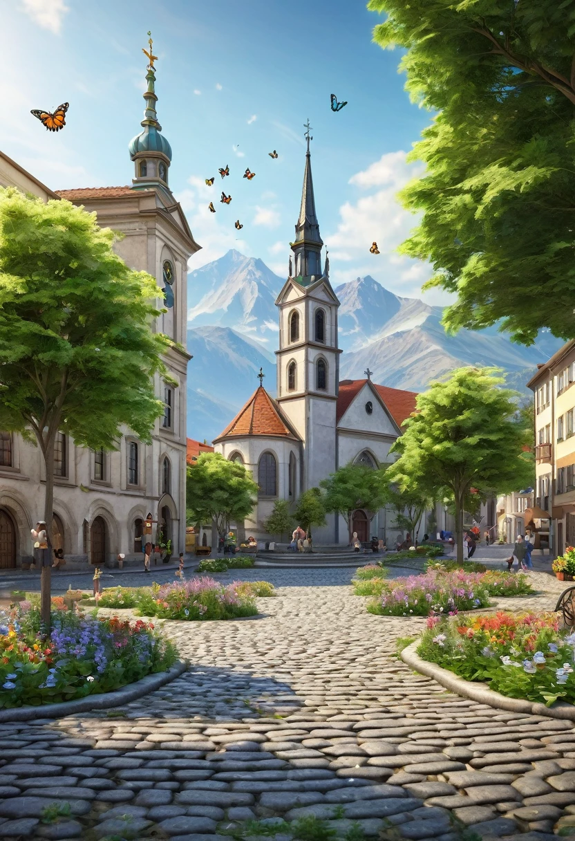 Create a very realistic landscape. A peaceful city in the distance. In front of the church there is a bean-shaped fountain. The streets are cobblestone. Around there are trees and distant mountains. Everything is seen from afar and blurred. There is a cobblestone path leading to the city. There are weeds and wildflowers around. And butterflies flutter around. Everything is realistic and detailed.