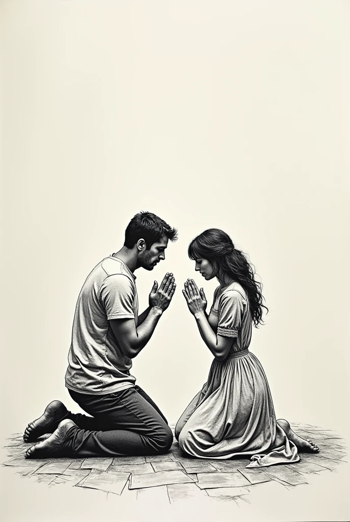 siren, Ink sketch, detailded,man and woman praying bending on their knees,above the floor