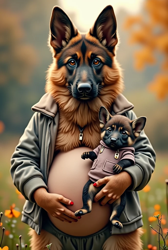 Create a video of a German Shepherd wearing maternity clothes holding her little puppy wearing baby clothes, looking forward like humans do, realistic, true to life, high resolution details, full picture like real