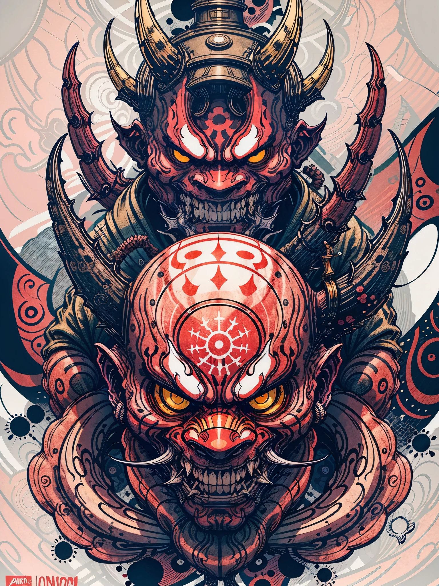 Hannya oni mask style 0mib, harajuku hip hop graffiti inspired Illustrator, master-piece, high quailty, 8K, high resolutions, highdetailed, cwoman