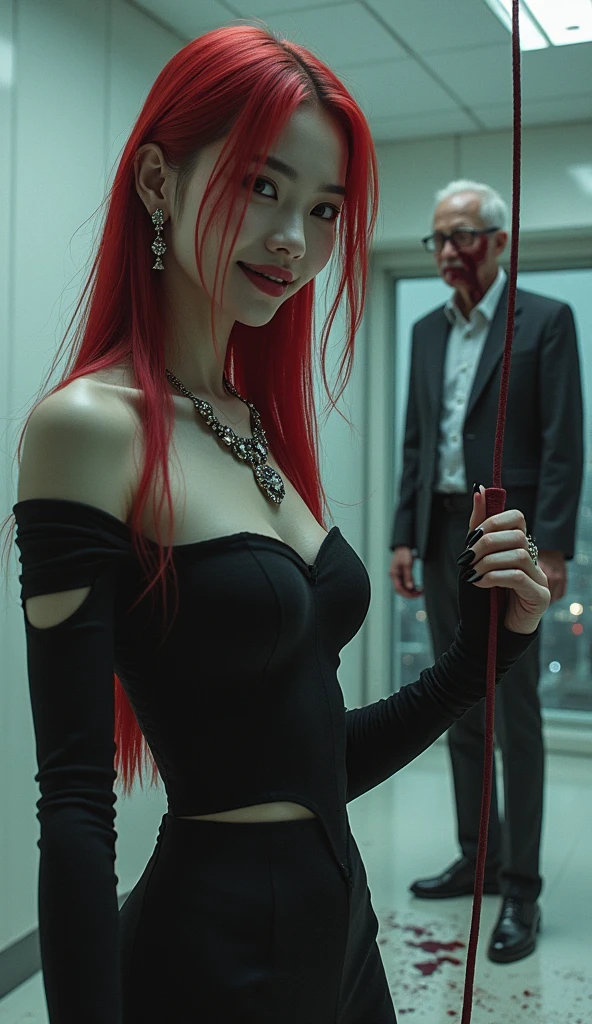 (((photorealistic:1.4))), ultra realistic, pores, (((masterpiece))),high quality, ultra details, realistic white skin beautiful face pretty korean idol adult smilling bloody woman showing very long sharp black shiny fingernails, holding whipbull on hand, model, very pretty, vein on hands, wearing sexy outfit, ring on fingers, long red hair, long earrings, big necklace, standing next to painful expression of realistic ugly old man tied up on the post with throat ripped, blood splatter everywhere, extreme gore, looking at camera, high post, night, white torture room, big window, high building, new york,