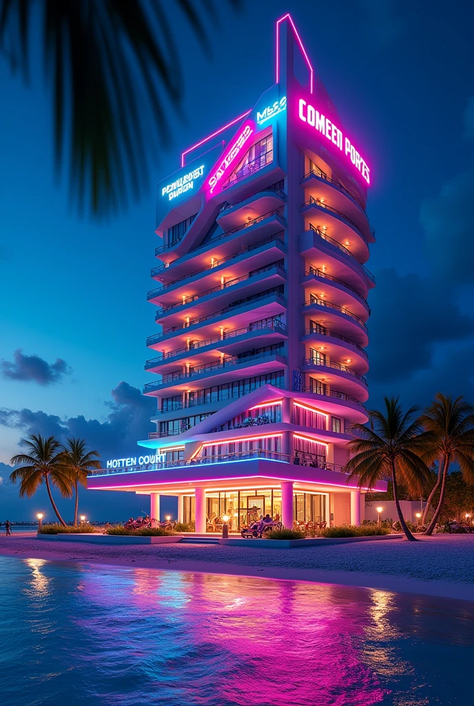 A video game-themed hotel on the seafront of Cancun at night with lights