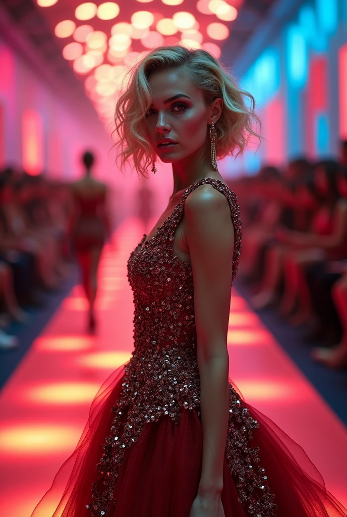 girlvn01, 1girl, (smile:1.4) Stunningly Beautiful Girl, Haute_Couture, designer dress, wearing Haute_Couture, posing for a picture, fashion show, Long shaped face, angry, crazy, dark red eyes, Sandy Blonde side-swept hair, short hair, long ringlets, catwalk \(walkway\), , colorful, vivid colors, masterpiece, best quality, absurdres, highest quality, amazing details, 8k, aesthetic, lisa de blackpink