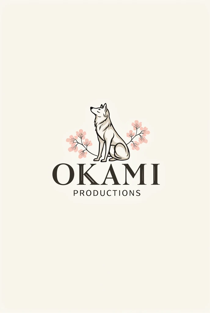 Logo for photography business named Okami Productions. Include a minimalistic wolf, business name, and sakura flowers in the logo.
