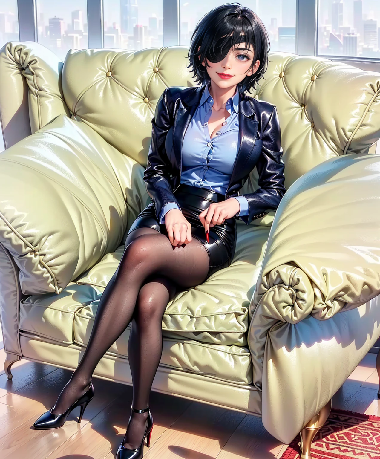 ((solo, 1woman, (( hmn1, eyepatch, short hair, black hair, blue eye, messy hair )), lipstick, Extremely detailed, ambient soft lighting, 4k, perfect eyes, a perfect face, perfect lighting, a 1girl)), ((solo, (1woman, lipstick), Extremely detailed, ambient soft lighting, 4k, perfect eyes, a perfect face, perfect lighting, a 1girl)), , ((fitness,, shapely body, athletic body, toned body)), (( dress pants, black skirt, pantyhose, pencil skirt, black blazer, tie, black tie, high heels, stiletto heels, beige sofa, beige armchair, living room, persian rug, luxury mansion, luxurious, armchair, sitting cross-legged, legs crossed, red lipstick , arrogant expression, mischievous, (predatory smile), smirk , malicious, sly smile, closed mouth, full lips, arrogant expression))