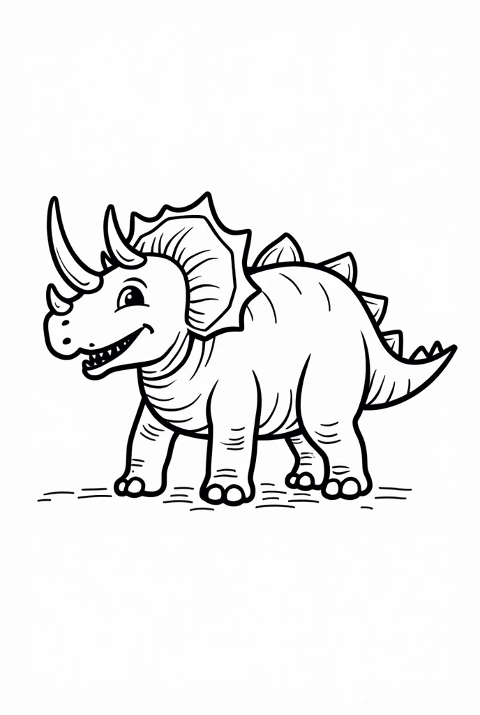 "Generate an outline-only image of a Triceratops designed for a to color. The image should feature just the simple, bold contours of the T-Rex's shape, with no interior details or shading. The lines should be thick and clear, making it easy for a to fill in with colored pencils. The T-Rex should be depicted in a friendly and approachable stance, with rounded edges to ensure a child-friendly design."