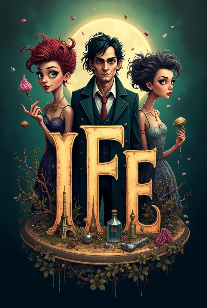 Logo for YouTube with these initials IFE, something crazy happened, drawing design tin Burton two women and a man