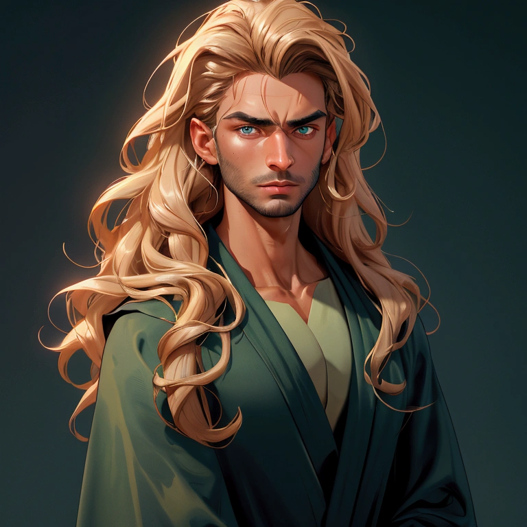 envision a 8k, highres, cinematic close up portrait of an man named Shaddiq Zenelli with a strong face, dark tan skin, sleek body, no facial hair with long wavy blonde hair, and dark green eyes wearing a open blue robe showing his chest and baggy sweatpants against a dark gray background