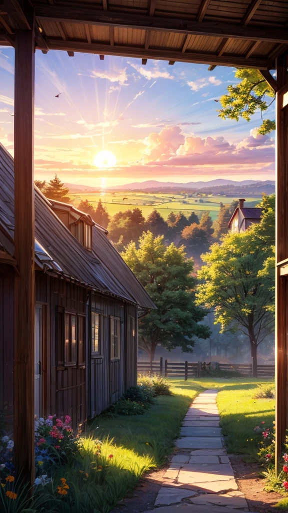 Create a serene rural sunset scene featuring a large, majestic tree with dark green leaves tinged with warm red highlights. The tree should dominate the left side of the composition. In the background, depict a vibrant sunset with the sun partially hidden behind the horizon, casting a golden-orange glow across dramatic, fluffy clouds. The sky should transition from deep blue at the top to warm tones near the horizon. Include a small, cozy wooden cottage in the mid-ground, surrounded by a simple wooden fence and nestled among trees. The foreground should feature a lush, green field with a pathway leading towards the cottage, with wildflowers scattered across the grass. Capture the sunlight filtering through the branches and casting long shadows, creating a peaceful and idyllic atmosphere.