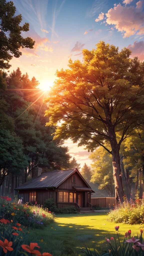 Create a serene rural sunset scene featuring a large, majestic tree with dark green leaves tinged with warm red highlights. The tree should dominate the left side of the composition. In the background, depict a vibrant sunset with the sun partially hidden behind the horizon, casting a golden-orange glow across dramatic, fluffy clouds. The sky should transition from deep blue at the top to warm tones near the horizon. Include a small, cozy wooden cottage in the mid-ground, surrounded by a simple wooden fence and nestled among trees. The foreground should feature a lush, green field with a pathway leading towards the cottage, with wildflowers scattered across the grass. Capture the sunlight filtering through the branches and casting long shadows, creating a peaceful and idyllic atmosphere.