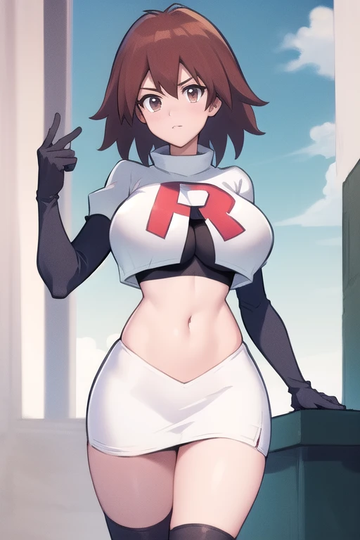 masterpiece, best quality,   makurada junko, looking at viewer, large breasts, cowboy shot, team rocket,team rocket uniform,white skirt,red letter R,crop top,black thigh-highs,black elbow gloves