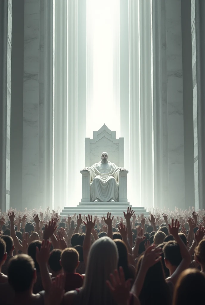 Large White Marble Throne Straight Seated Man, in place of the head a strong light From below the throne thousands of people with raised hands many more people