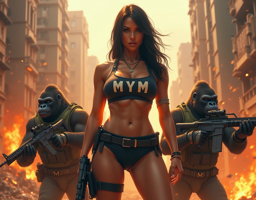 Attractive warrior Woman in a trench coat with a wepon in a burning city MYM on her clothing being protected by an army of tactical gorillas carrying guns with MYM on the clothing