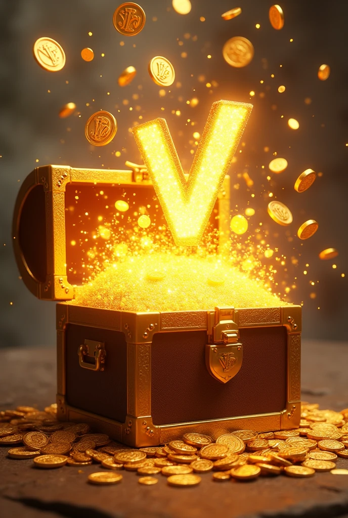 gold coins jumping out of a Chest with V written on the front.a.S. 