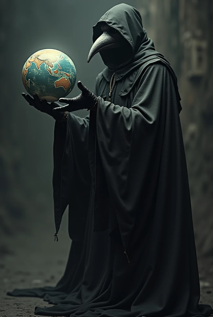 Plague doctor with the planet in his hand all black