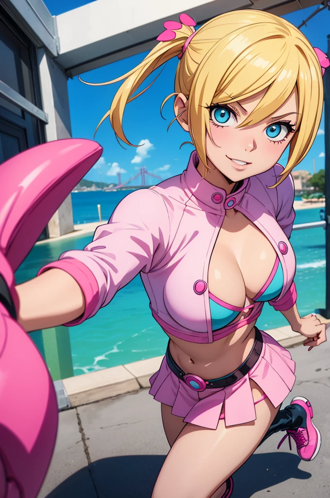 
Imagine a gender-swapped Sanji from *One Piece* reimagined as Gwenpool, the vibrant Marvel character. She has her iconic blonde hair styled in playful, voluminous waves or pigtails, capturing Gwenpool’s fun and quirky personality. Her bright blue eyes are expressive and full of mischief, reflecting Gwenpool’s energetic and adventurous spirit.

She is dressed in a Gwenpool-inspired outfit with a feminine twist:

- **Top:** A pink, fitted crop top with white accents or details, similar to Gwenpool’s signature look. The top is stylish and eye-catching, with playful elements like a small heart or star emblem that complements her bold personality.
- **Bottoms:** High-waisted, pink shorts or a mini skirt that matches the top. The bottoms are designed for both style and functionality, adding a feminine touch while staying true to Gwenpool’s comic book aesthetic.
- **Footwear:** Stylish, knee-high boots or sneakers in pink or white, adorned with playful details like stars or comic book-inspired patterns. The footwear is both fashionable and practical, suitable for an adventurous character like Gwenpool.
- **Accessories:** She wears a pair of white gloves with pink accents, reflecting Gwenpool’s iconic style. Additionally, she might carry a small, quirky prop or accessory, such as a comic book or a playful weapon, adding to the fun and adventurous vibe.

**Additional Details:**

- **Pose:** Sanji’s pose is dynamic and engaging, possibly in mid-action or striking a playful stance. Her expression is lively and mischievous, capturing the energetic and unconventional nature of Gwenpool.
- **Background:** The setting could be a vibrant cityscape or a comic book-inspired environment, featuring elements like comic panels or bright, colorful graphics. The background enhances the playful and adventurous atmosphere of the character.

The image should highlight her transformation into Gwenpool with detailed attention to her outfit, accessories, and overall playful demeanor, creating a