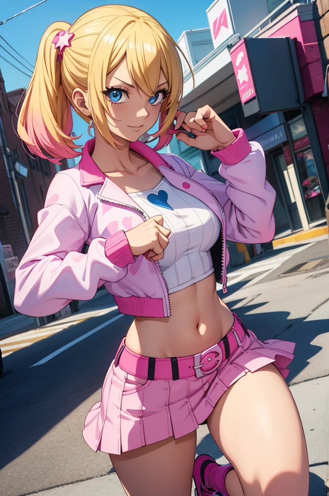 ((1Girl)) ((Mexican girl)) ((Rave clothes)) 

She has brown skin, with soft brown eyes, her hair is blonde, it is long and curly, she wears a pink beanie, her style is that of a rave girl, she wears a pink and white crop top, with a pink mini skirt, she wears pink furry rave boots, with pink ripped stockings as her socks, she has a collar on her neck, and a necklace that says babygirl, she has her tongue split and pierced on both sides, as well as having her dimples pierced, she has a tattoo on her neck that says grab here. 