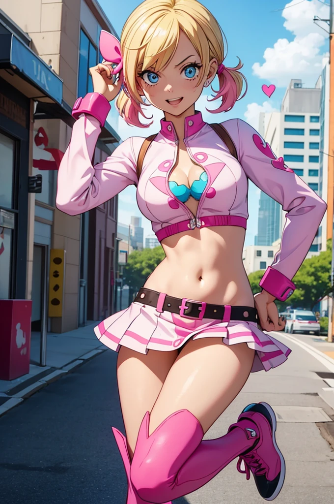Imagine a gender-swapped Sanji from *One Piece* reimagined as Gwenpool, the vibrant Marvel character. She has her iconic blonde hair styled in playful, voluminous waves or pigtails, capturing Gwenpool’s fun and quirky personality. Her bright blue eyes are expressive and full of mischief, reflecting Gwenpool’s energetic and adventurous spirit.
She is dressed in a Gwenpool-inspired outfit with a feminine twist:
- **Top:** A pink, fitted crop top with white accents or details, similar to Gwenpool’s signature look. The top is stylish and eye-catching, with playful elements like a small heart or star emblem that complements her bold personality.
- **Bottoms:** High-waisted, pink shorts or a mini skirt that matches the top. The bottoms are designed for both style and functionality, adding a feminine touch while staying true to Gwenpool’s comic book aesthetic.
- **Footwear:** Stylish, knee-high boots or sneakers in pink or white, adorned with playful details like stars or comic book-inspired patterns. The footwear is both fashionable and practical, suitable for an adventurous character like Gwenpool.
- **Accessories:** She wears a pair of white gloves with pink accents, reflecting Gwenpool’s iconic style. Additionally, she might carry a small, quirky prop or accessory, such as a comic book or a playful weapon, adding to the fun and adventurous vibe.
**Additional Details:**
- **Pose:** Sanji’s pose is dynamic and engaging, possibly in mid-action or striking a playful stance. Her expression is lively and mischievous, capturing the energetic and unconventional nature of Gwenpool.
- **Background:** The setting could be a vibrant cityscape or a comic book-inspired environment, featuring elements like comic panels or bright, colorful graphics. The background enhances the playful and adventurous atmosphere of the character.
The image should highlight her transformation into Gwenpool with detailed attention to her outfit, accessories, and overall playful demeanor, creating a
